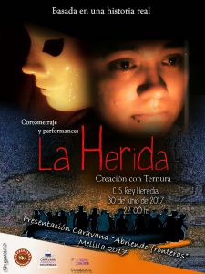 Cartel de promoción del cortometraje La Herida. viernes 30 de junio a las 22h en el Centro Social Rey Heredia.